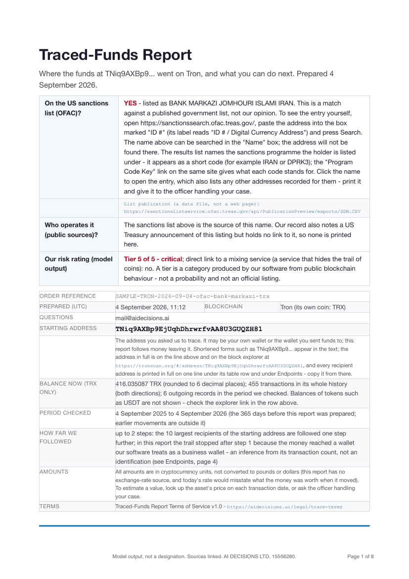 Traced-Funds Report sample, page 1: the sanctions-list check, our risk rating and the order details for a public sanctioned Tron address