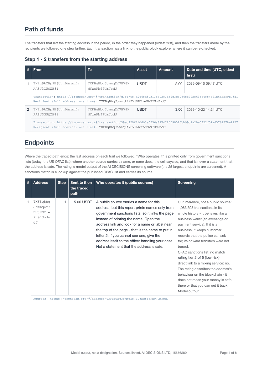 Traced-Funds Report sample, page 4: the path-of-funds table and the endpoints with their public sources